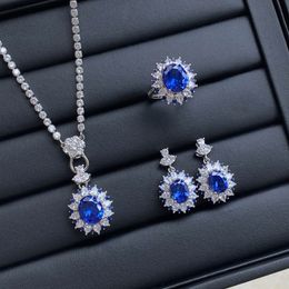 Women Wedding Jewellery Set Simulated Sapphire Blue Crystal zircon Diamond Open Ring Pendant Necklace Earring studs Girlfriend Party Birthday Gift