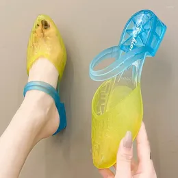 Dress Shoes FHANCHU 2023 Fashion Crystal Sandals Low Heels Summer Beach Close Pointed Toe Slip On Grey Yellow Blue Dropship