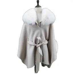 Scarves Shawl With Natural Fur Collar And Hood Half Sleeve Cuffs Belt 220614 Furry 2023 Wool Women Outerwear