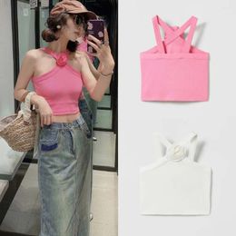 Women's Tanks 2023 Fashion Charm Flower Ornament Short Knitted Elastic Tank Top Retro Hanging Neck Sleeveless Vest Unique