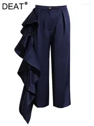 Women's Pants Fashion Suit High Waist Asymmetric Ruffled Folds Blue Wide-leg Ankle-length Trouser Autumn 2023 17A2945