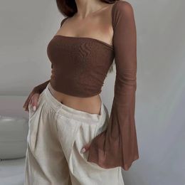 Women's Two Piece Pants Two Piece Set Women's Bandeau Fairycore Crop Tops Brown Vest Mesh Flare Long Sleeve Short Cardigan Sets Streetwear Outfits Y2k 231016