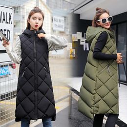 Women's Vests Women's Sleeveless Vest Long Down Jacket Solid Korea Hooded Padded Vests Loose Females Ladies Fashion Casual Winter Coat 231016