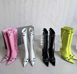 Boots Over-The-Knee Boots High Heels Women 'S Shoes Cagole Leather Fringed Stud Buckle Trim Side Zipper Point Toe Stiletto Heels Designer FactoryBP