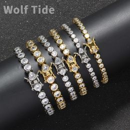 New Fashion Round Charm Tennis Bracelet Bangle Iced Out 5mm Width 7inch 8inch High Quality Brass Hip Hop Bling CZ Zircon Men's Jewellery for Women and Men Rapper