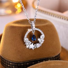 Pendant Necklaces Blue Crystal Water Drop Stone Necklace White Zircon Flower For Women Trendy Silver Color Chain Wedding Jewelry