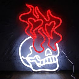 1pc Halloween Skull Head Neon Signs For Wall Decor, Halloween Interior Decoration LED Signs Skeleton Neon Sign, Skull Fire Neon Lights, For Man Cave Club Bedroom