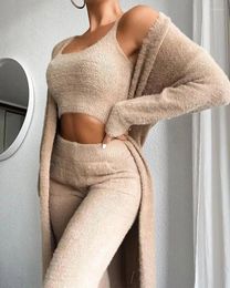 Women's Two Piece Pants Autumn Winter Velvet Matching Set Sexy 3 Pieces Suit Crop Top Trousers Long Jacket Coat Womens Outfits Pyjamas