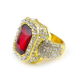 Men gold Colour Hip Hop Iced out Red Stone Cz Ring Size Available Woman Ring Mens Fashion Finger Bling bling Hip Hop Ring283D