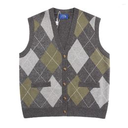 Men's Vests High Street American Style Diamond Plaid V-neck Sleeveless Tank Top Knitted Vintage Casual Versatile Autumn Sweaters Pullovers