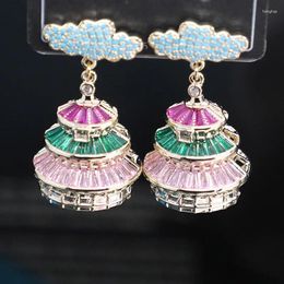 Stud Earrings Bilincolor Micro Inlaid Zircon Chinese Style Auspicious Cloud 3D Pavilion For Women