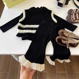 Down Coat Three Piece Set Girls Spring and Autumn 2023 Color Matching Woolen Vest Girl Knitted Bottom Shirt Flare Pants 231016