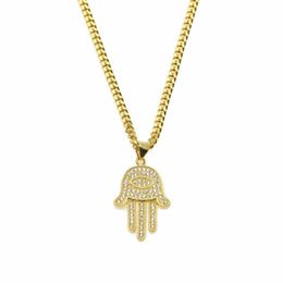 Pendant Necklaces Gold Silver Fatima Hamsa Hand Bling CZ Iced Out Charm Cuban Chain For Women Mens Hip Hop Jewelry243F