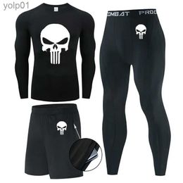 Men's Tracksuits Men Skull 3 pc Underwear set Compression Workout sports running MMA clothing Top T shirt+leggings Gym jogging Fitness suitsL231016