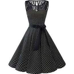 Plus Size 5XL Summer Women Midi Dress Gothic Polka Dot Print Sleeveless Ladies Lace Dresses Vintage Party Dress Clothes251U