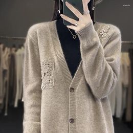 Women's Knits Merino Wool V-neck Cardigan 2023 Autumn/Winter Cashmere Sweater Jacket Loose Fashion Korean Top Thickened Coat