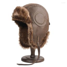 Berets Men Winter Bomber Hat Outdoor Motorcycle Windproof Warm Faux Fur Pilot Earflap Leather Thermal Ushanka Trapper Snow Cap