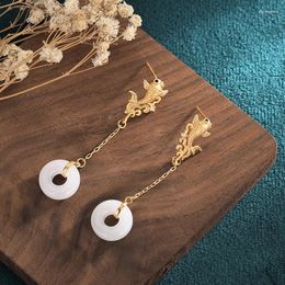 Stud Earrings 2023 China Style Cheongsam Hanfu Long Chain Girls Ear Jewelry Carp Safety Buckle White Round Hetian Jade For Women