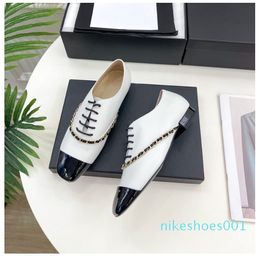 Luxury Designer Women Casual Fashion Genuine Leather Low Heels Chain Flats Derby Square Toe Lace up Runway Outfit Female Feetwear