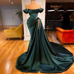 Party Dresses Sexy Long Satin Sleeveless Teal Green Prom Beaded Mermaid Corset Back High Slit Abendkleider Robes De Soiree For Wom261N