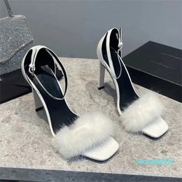Fur with leather ankle strap high-heeled sandals naked stiletto Heels Ankle wrap women Party shoes 10.5cm Back zipper luxury designers