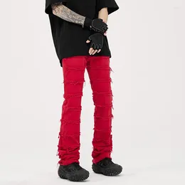 Men's Jeans Punk Red Male's Hip Pants Destroyed Washed Grunge Denim Tassel Ripped Stacked For Men