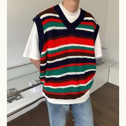 Men's Vests Striped Sweater Vest Men Warm Fashion Retro Knit Pullover Oversized Korean Loose Sleeveless Mens Jumper Clothes