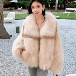 Fashion Patchwork Preppy Style Faux Fur Coat 2023 Thicken Turn-down Collar Fur Coat Women's Loose Single Breasted Faux Fur