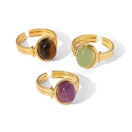 INS Network Red Same 18K Gold-plated Stainless Steel Ring Oval Tiger Eye Green/Purple/Brown Half Gemstone Open Ring for Women