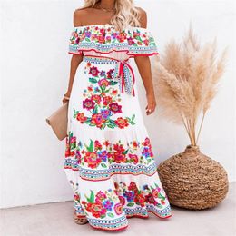 Boho Long Dress Summer 2023 Sexy Off Shoulder Floral Print White Women Elegant Slash Neck Ruffle Maxi Beach Dress Sundress252b