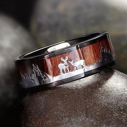 Black Tungsten Hunting Ring Wood Inlay Deer Stag Silhouette Ring Mens Wedding Band wedding ring size 6-13338B