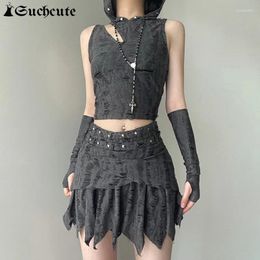 Women's Tanks SUCHCUTE Rivet Stitch Grunge Gray Knitted Hoodies Tank Top Women Hollow Out Trashy Y2K Streetwear Summer Crop Tops With Gloves