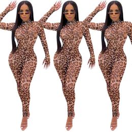Women's Jumpsuits & Rompers Women Long Sleeve Leopard Jumsuit Turtle Neck Slim Overalls Female Casual Clubwear Party Skinny247I