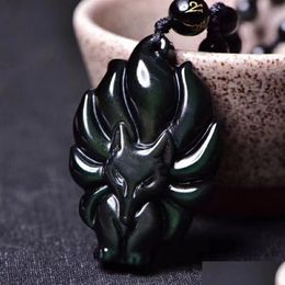 Pendant Necklaces Natural Rainbow Eye Obsidian Ninetailed Fox Pendant Female Male Vintage Crystal Jewelry253A Jewelry Necklaces Pendan Dhp5J