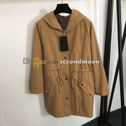 Women Single Breasted Windcheater Waist Drawstring Trench Coat Woman Hooded Windbreaker Long Sleeve Jacket