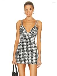 Casual Dresses Vintage Houndstooth Dress For Women Sexy V Neck Crystal Chain Spaghetti Straps Bow Tie Bodycon Bandage Mini