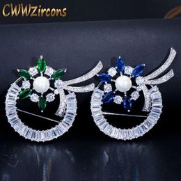 Brilliant Green and Blue Cubic Zirconia Paved Women Large Beautiful Flower Brooches Pins Jewellery with Pearl BH005 210714205G