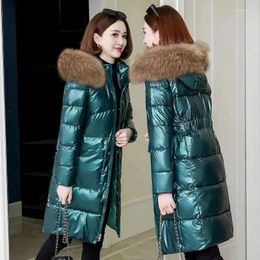 Women's Trench Coats 2023 Winter Women Jacket Parkas Female Glossy Down Cotton Fur Collar Hooded Thicken Warm Waterproof Casual Long Coat