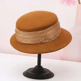 Berets H724 Autumn Winter Fashion Wool Felt Hat Women British Retro Elegant Basin Cap Lady Diamond Decoration Warm Caps