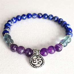 MG0818 6 mm Genuine Lapis Lazuli Ohm Charm Bracelet Top Grade Fluorite Amethys t Yoga Mala Bracelet Peace Bringer Bracelet3140