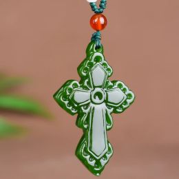 Chinese Natural Green Jade Cross Pendant Necklace Hand-carved Charm Jadeite Jewelry Fashion Luck Amulet Gifts