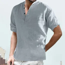 Men's T Shirts Casual Solid Colour Top Shirt Stand Collar Blouses Roll Up Sleeve Long Fashion T-Shirt