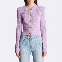 2023 Spring and Autumn New Long Sleeve Short Round Neck Hollow Purple Knitwear Designer Top Fashion Cardigan Coat Women Gold button