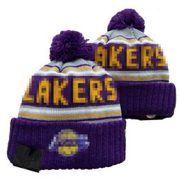Men Knitted Cuffed Pom Lakers Beanies Los Angeles Hats Sport Knit Hat Striped Sideline Wool Warm BasEball Beanies Cap For Women