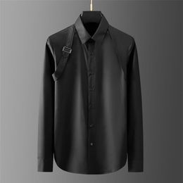 Minglu Cotton Male Shirts Luxury Metal Buckle Long Sleeve Casual Mens Dress Shirts Fashion Slim Fit Party Solid Colour Man Shirts 2318m