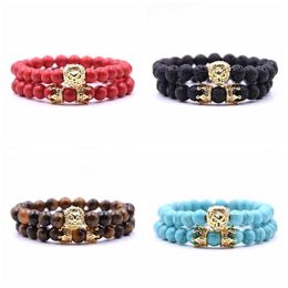 2Pc Set Animal King Lion Head Red Turquoise Bangle Natural Stone Crown Couple Bracelet Sets For Men Hand Jewellery Accessories Men W204P