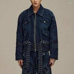 Men's Jackets Heavy Duty Design Men Denim Pleating Metal Decoration Iregular Casual Jeans Coat Street Fashion Cowboy Jacket