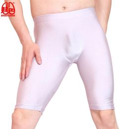 Sexy Men Oil Shiny Lycra Middle Pants Seamless Solid U Convex Stylish Pouch Half-length Boxers Gay Wear Long Leg Club Underpants M189a