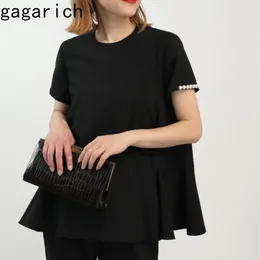 Women's Blouses Gagarich Fashion Summer Japanese Round Neck Hem Ruffled Cuffs Pearl Panels Short Sleeve T-shirt Women Blouse Top