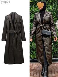 Women's Jackets TRAF Faux Leather Trench Coat For Women 2023 New Collection Autumn Jackets Windbreaker Coats Long Sleeve With Belt OuterwearL231016